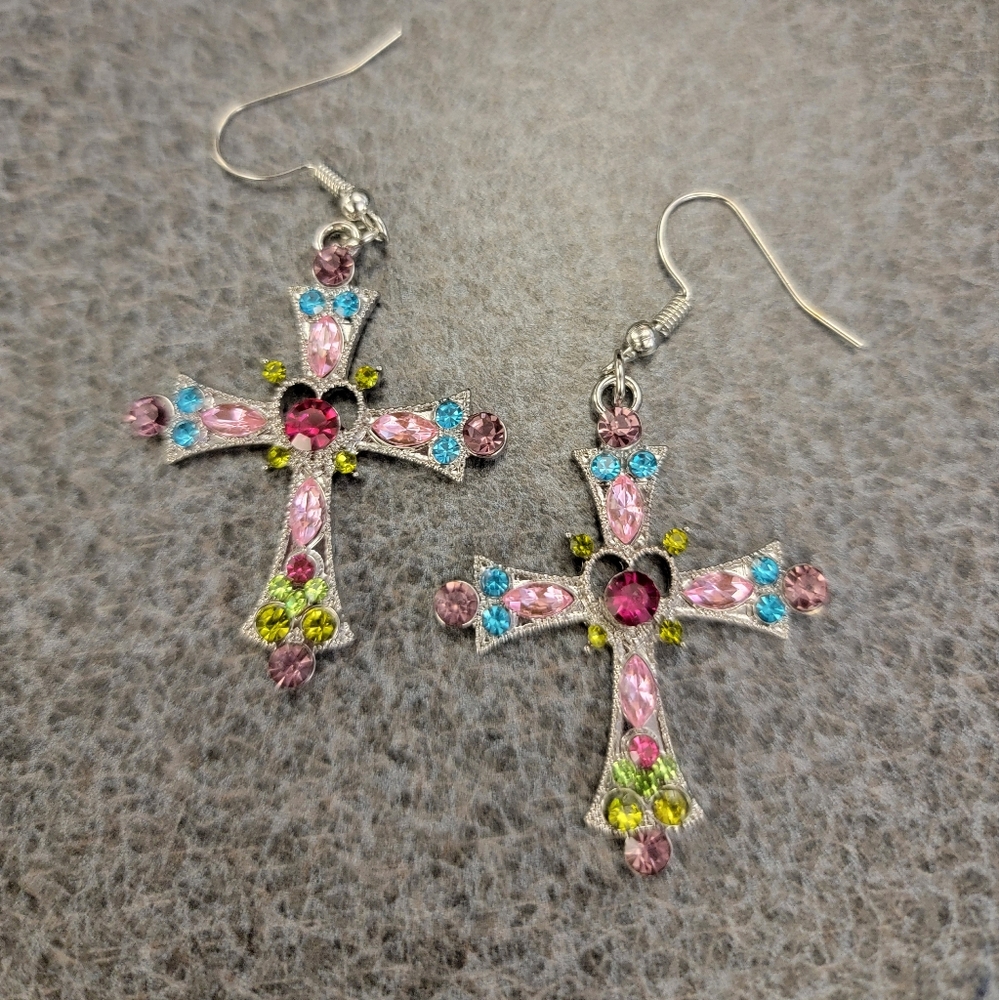 Multi-colored Gemstonr Cross Earrings Dangle Earrings